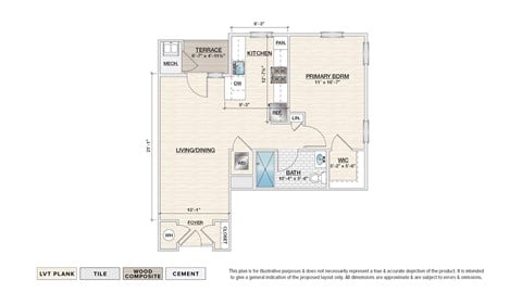 Floor plan for 1 bed, 1 bath, 765 sqft
